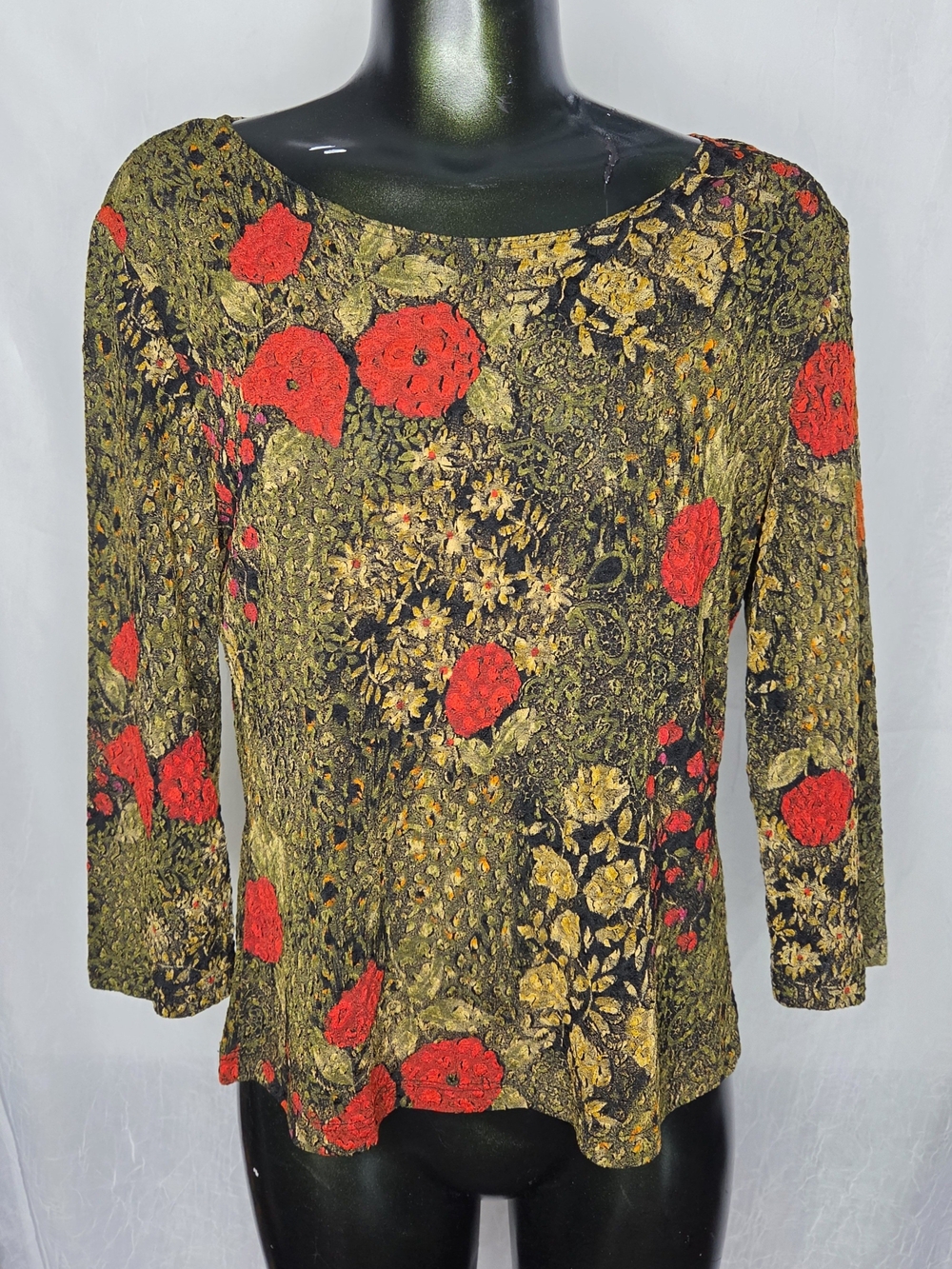 90s Y2K Grunge Stretchy Floral 3/4 Sleeve Top Nature Girl Green + Red Earth Tone